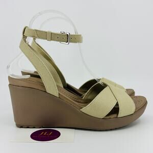 Crocs Women's Leigh II Ankle Strap Comfort Wedge Sandals Beige 204950 Size 8